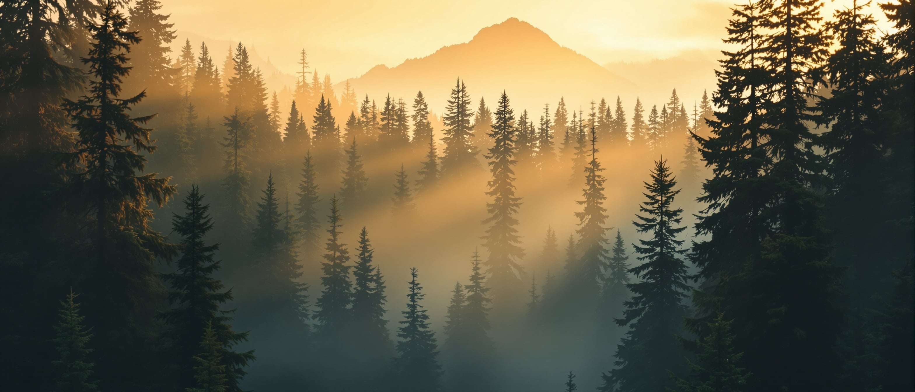 Pacific Northwest forest at golden hour with warm light filtering through evergreen trees
